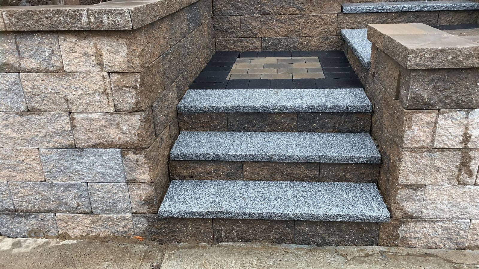 Granite steps and paver basketweave detail, Massachusetts